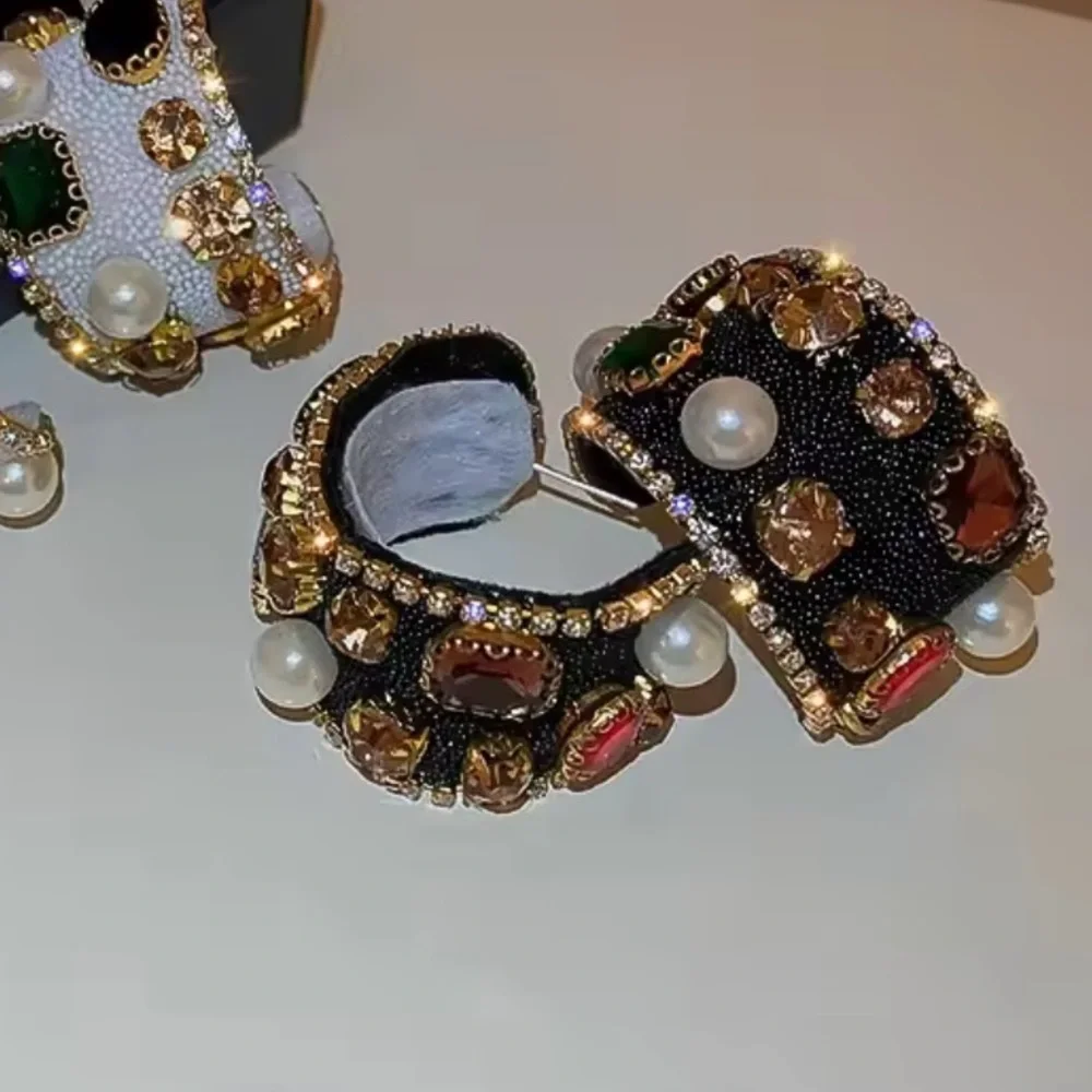 Black Gold Embellished Cuff Pearls and Emerald Crystals Luxurious Statement